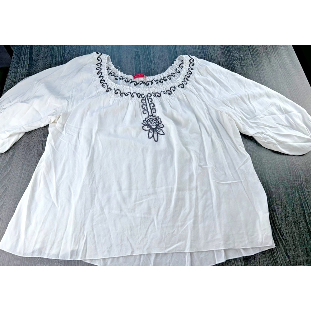 Sunny Leigh White Embroidered Boho Peasant‎ Blouse Black Stitching Relaxed XL